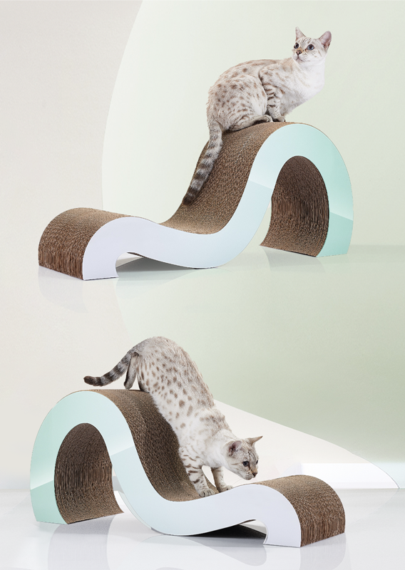 A white and grey cat interacts with a wave-shaped scratching post. In the top image, the cat sits on top of the scratching post. In the bottom image, the cat investigates the lower section.