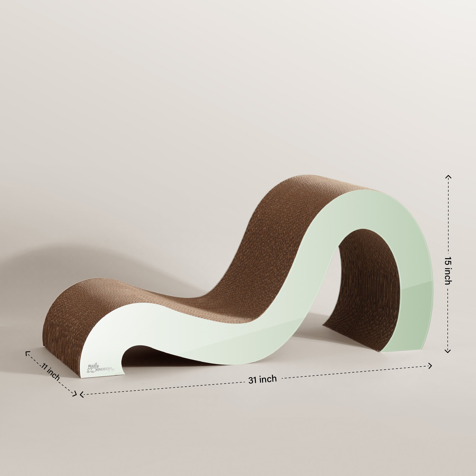 Introducing the Mint Mint - Modern Cat Scratcher & Stretching Board by Mint Mint, a wavy S-shaped scratcher featuring a rough brown surface and smooth mint green edges. Crafted from premium cardboard for durability, it measures 31 inches long, 11 inches wide, and 15 inches tall to ensure your feline friend's claws stay healthy. Plus, enjoy the added benefit of pet-visible color!