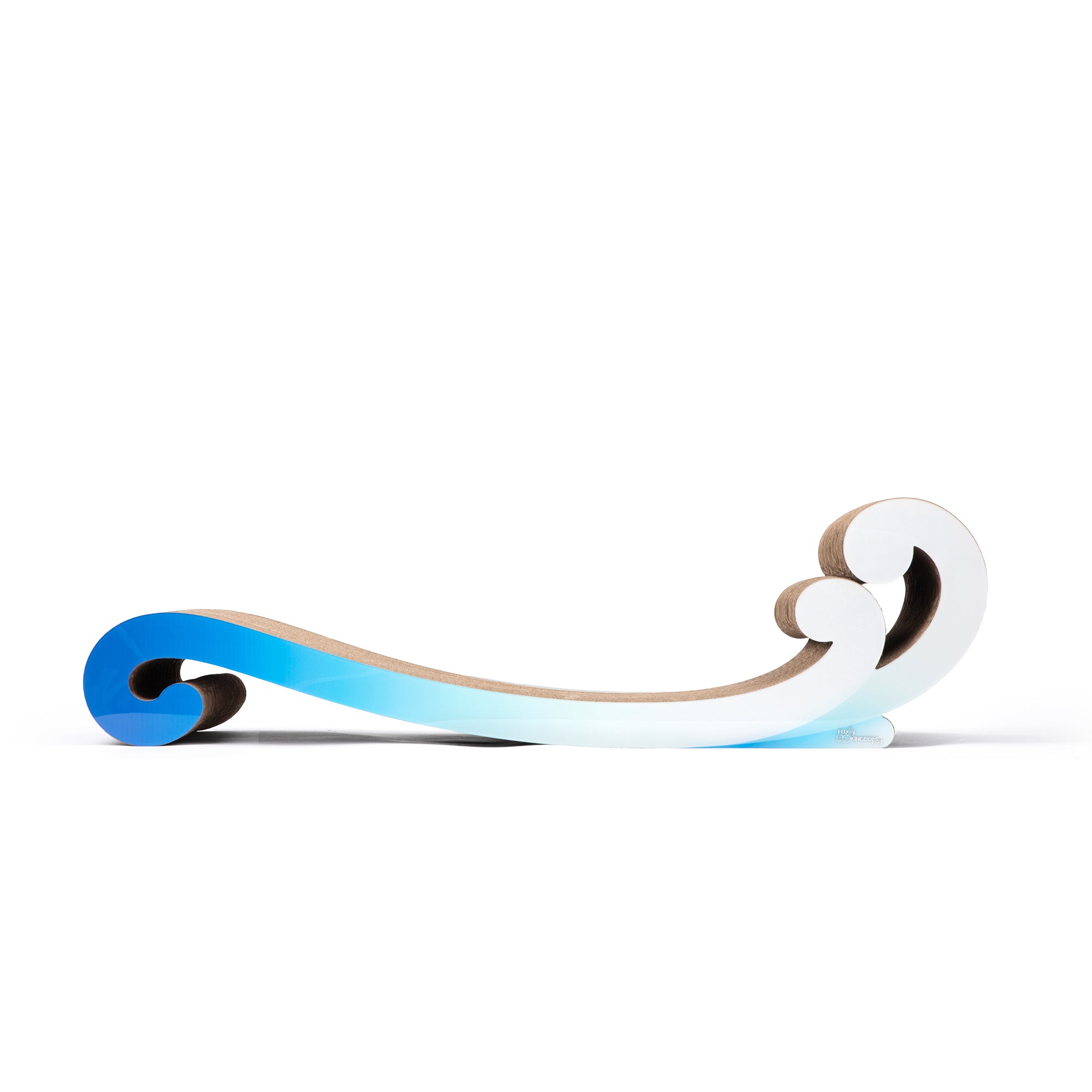 A Nelo Nelo sculpture featuring a wave-like design with a gradient of blue and white colors, showcasing Original Designs for a truly unique piece, part of the Surf Wave Cat Furniture & Cardboard Scratcher (2x Pack).