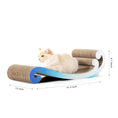Load image into Gallery viewer, A light-colored cat lounges on a Nelo Nelo Surf Wave Cat Furniture & Cardboard Scratcher, a curved, wave-shaped pad made from recycled cardboard. The dimensions of the pad are 31.5 inches long, 12 inches wide, and 8.7 inches tall.
