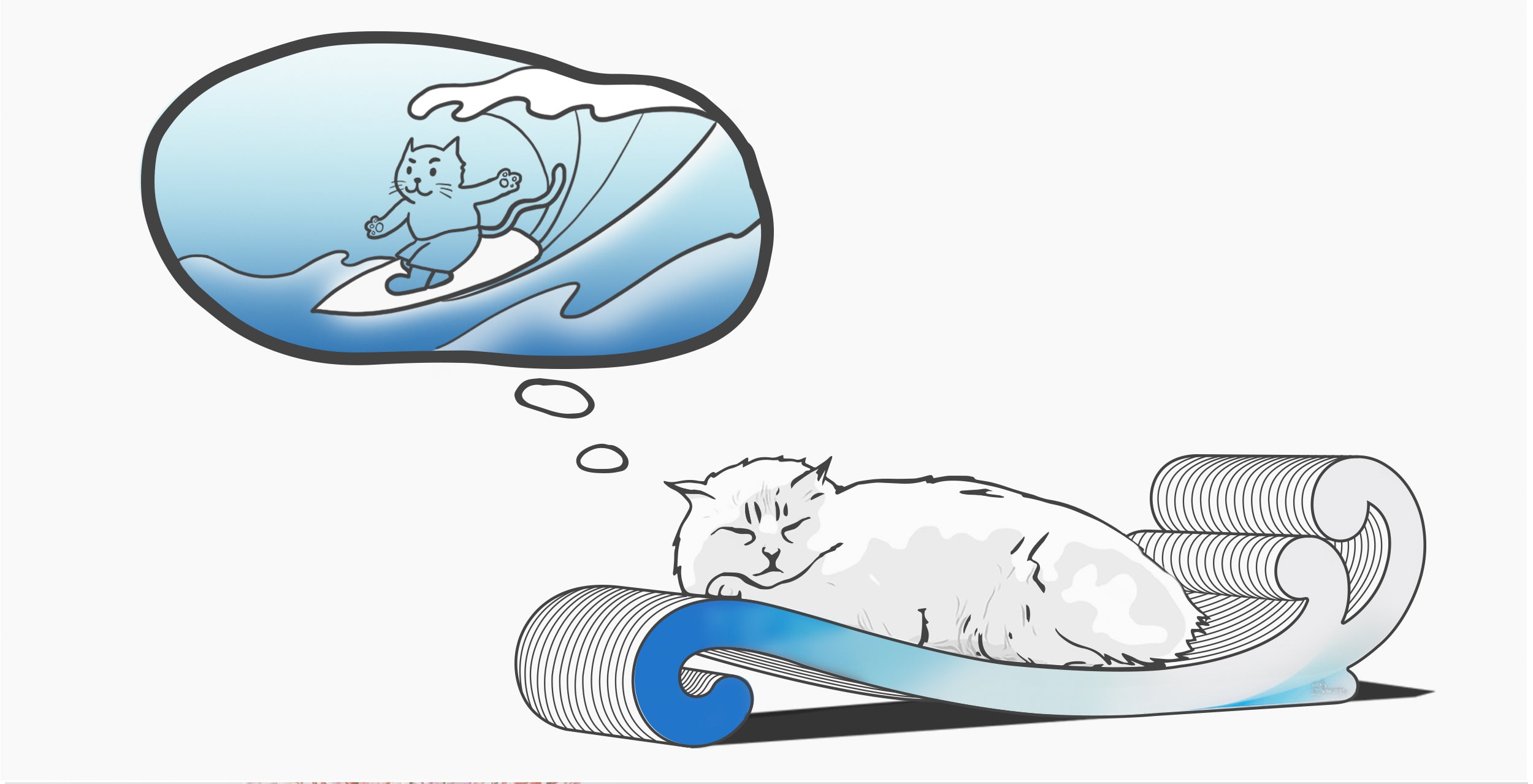 A white cat sleeps on a wave-shaped bed, dreaming of surfing a large wave.
