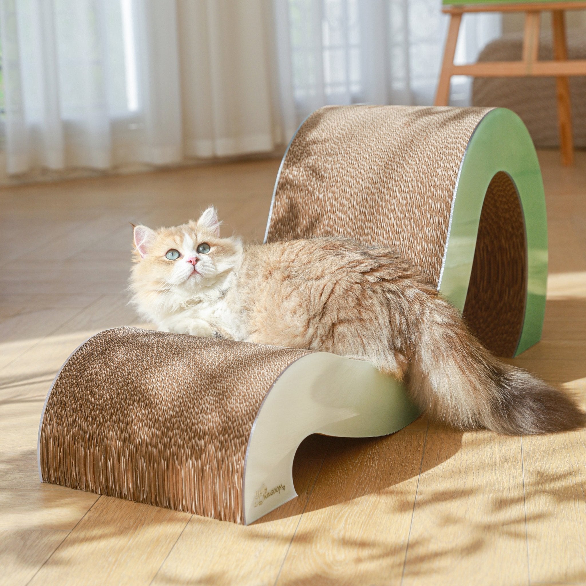 A fluffy cat with light brown fur lounges on the Mint Mint - Modern Cat Scratcher & Stretching Board in a sunlit room with wooden floors and sheer curtains, keeping its claws healthy.