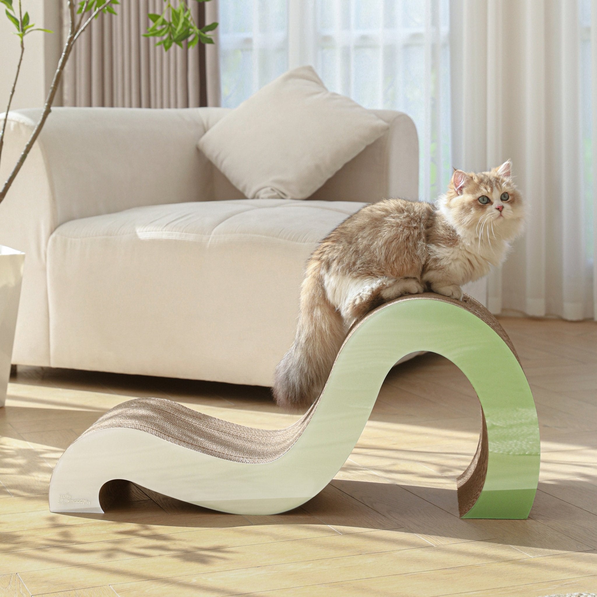 A fluffy cat is perched on a Mint Mint - Modern Cat Scratcher & Stretching Board made of premium cardboard in a softly curved design, situated in a brightly lit living room with a beige couch and potted plant in the background.