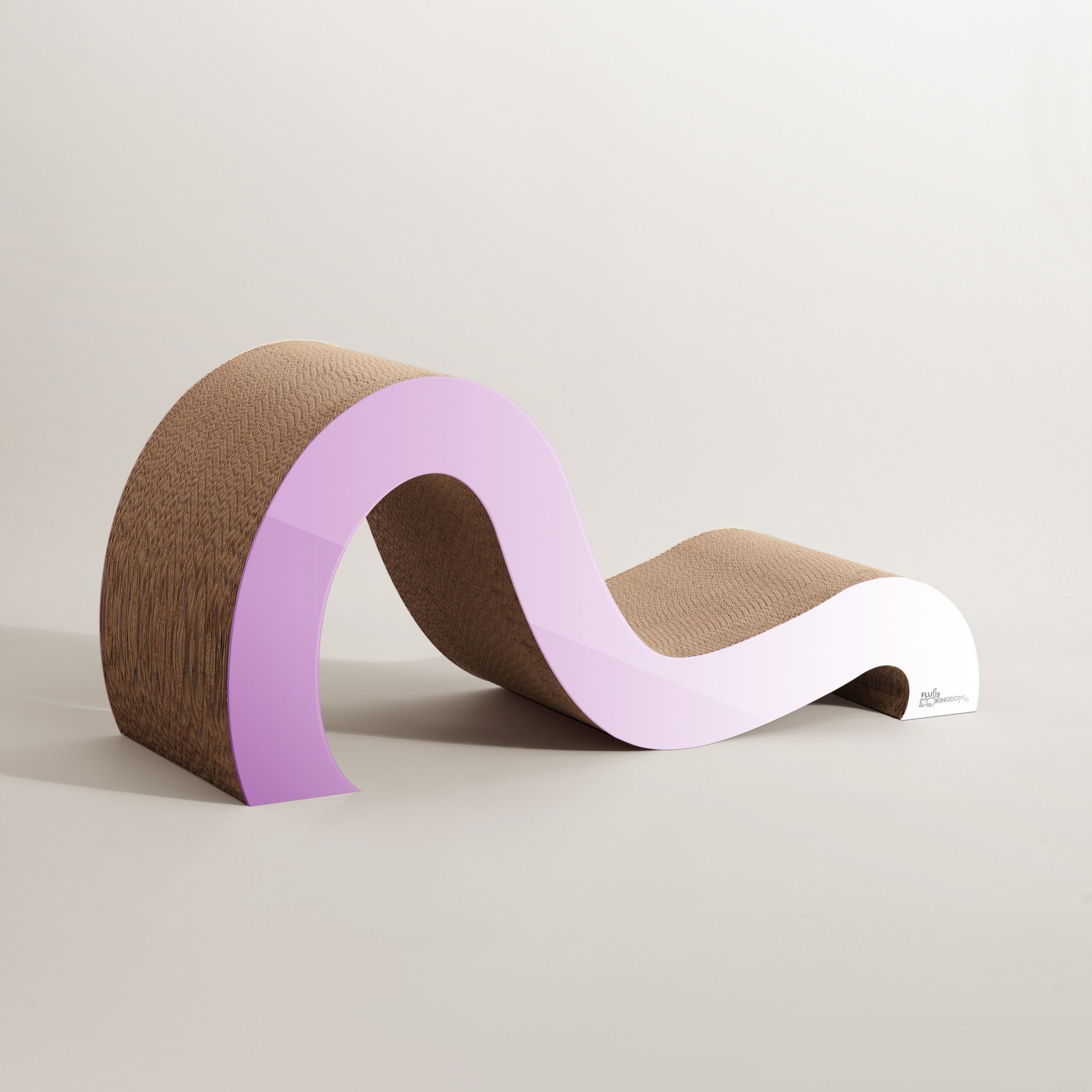 The Mint Mint - Modern Cat Scratcher & Stretching Board, featuring a wavy design with brown and white tones and a pink accent on one side, not only helps maintain healthy claws with its premium cardboard construction but also serves as a stylish lounge for your cat.