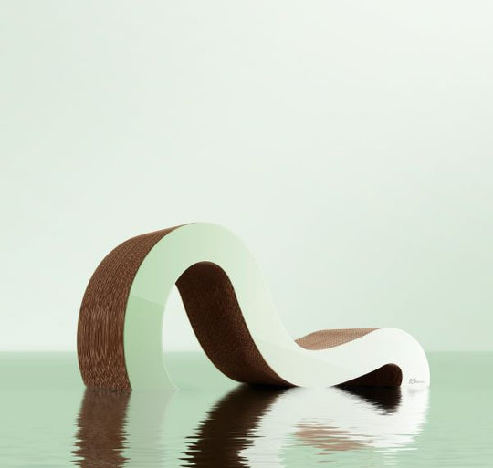 A modern, wavy chaise lounge with a white and brown color scheme is partially submerged in a reflective water surface against a pale green background.