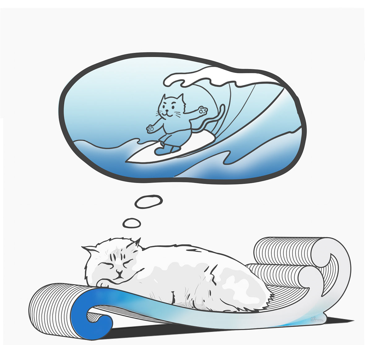 A white cat sleeps on a curled-up book, dreaming of surfing on a wave.